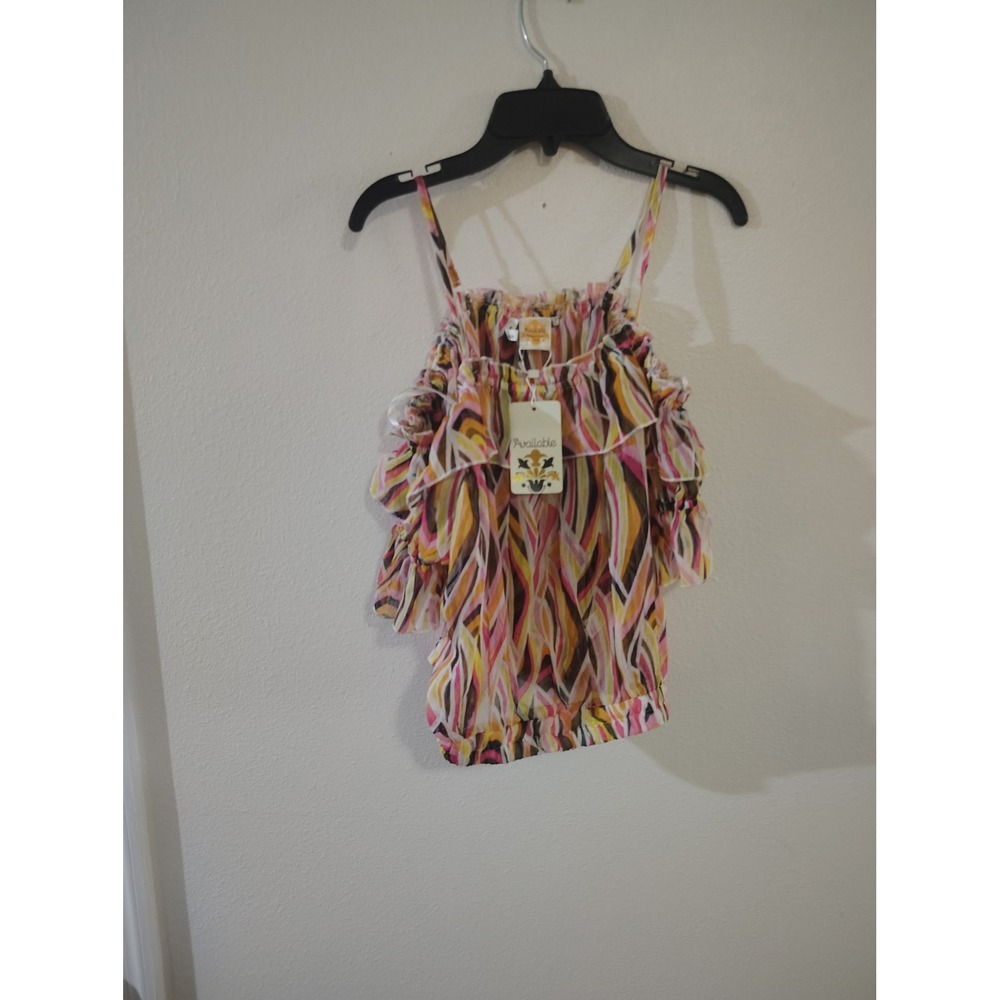 Available Women Abstract Print Cold Shoulder Ruffle Blouse Pink Yellow T1530 M